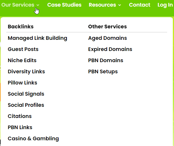 6 Link Building Services That Actually Work (+6 More to Avoid) | Example of service menu with both white and black hat links