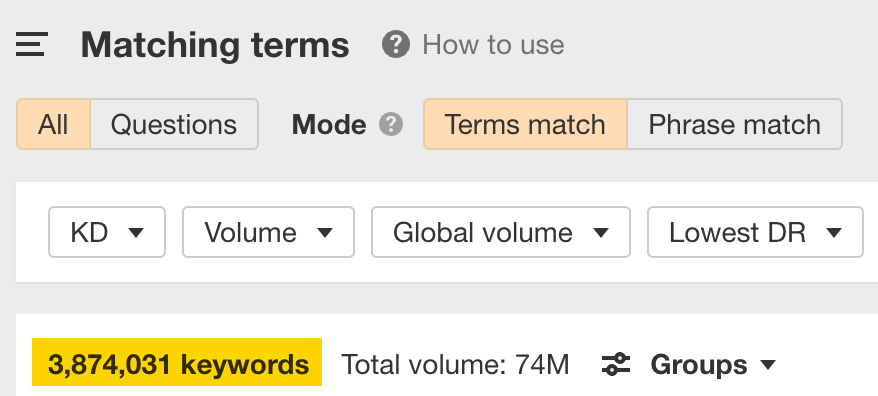 SEO for a New Website: 8 Important Steps | Matching terms report, via Ahrefs' Keywords Explorer