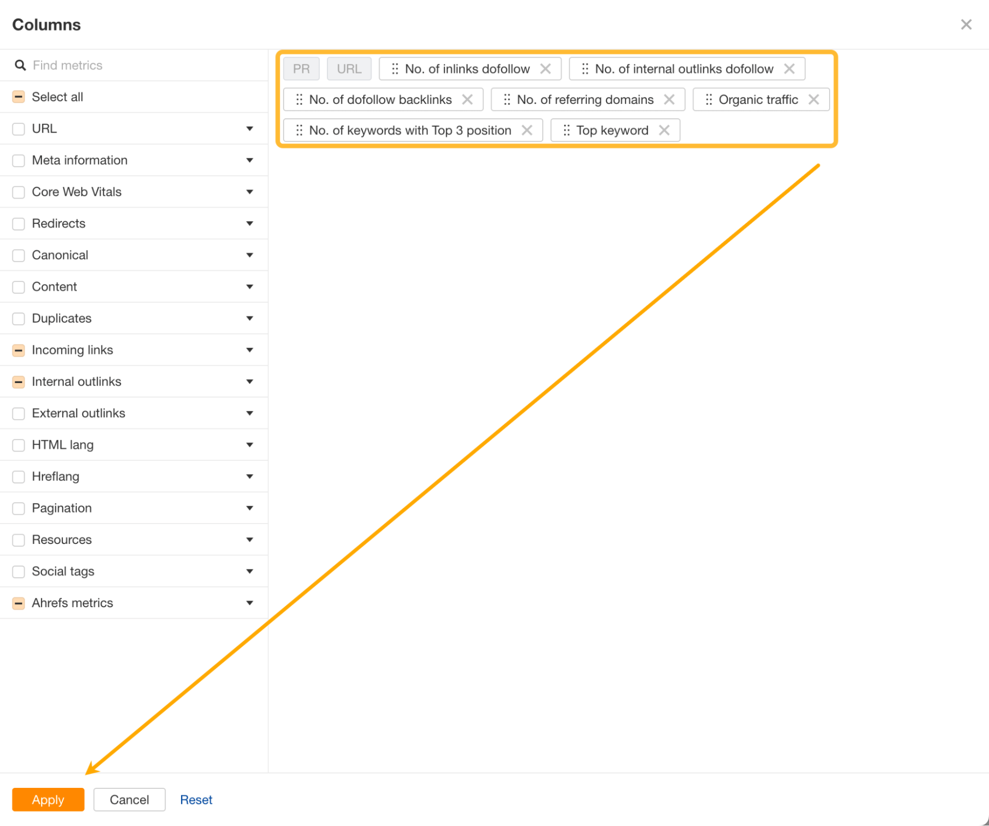 Saving column preferences in Page explorer report, via Ahrefs' Site Audit