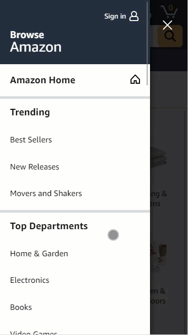 Mobile SEO: 10 Optimization Tips to Build a Mobile-Friendly Site | Amazon hamburger menu expanded from the left