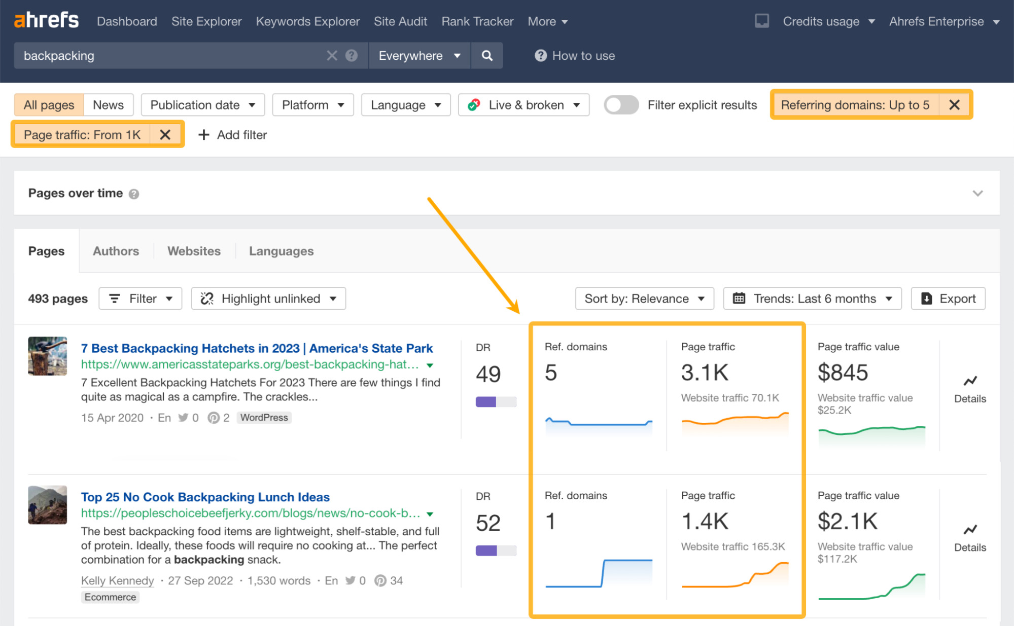 Search results for "backpacking" with filters applied, via Ahrefs' Content Explorer