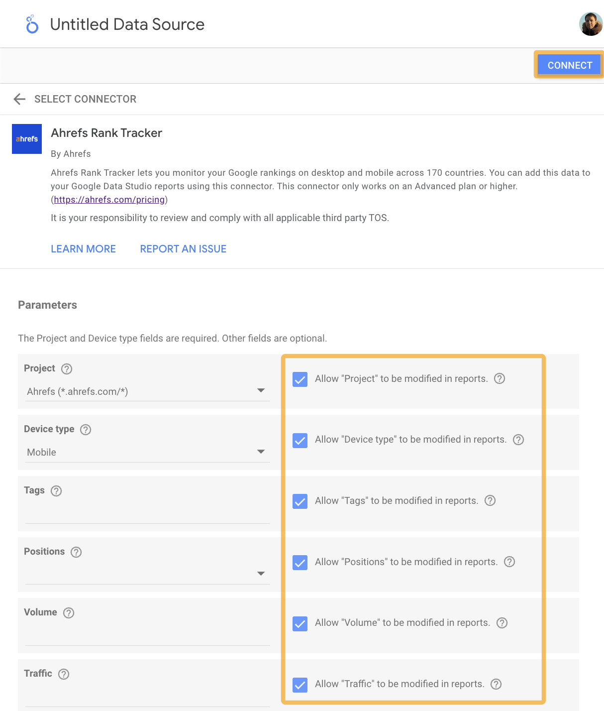 Ahrefs' Rank Tracker setup, via Google Looker Studio
