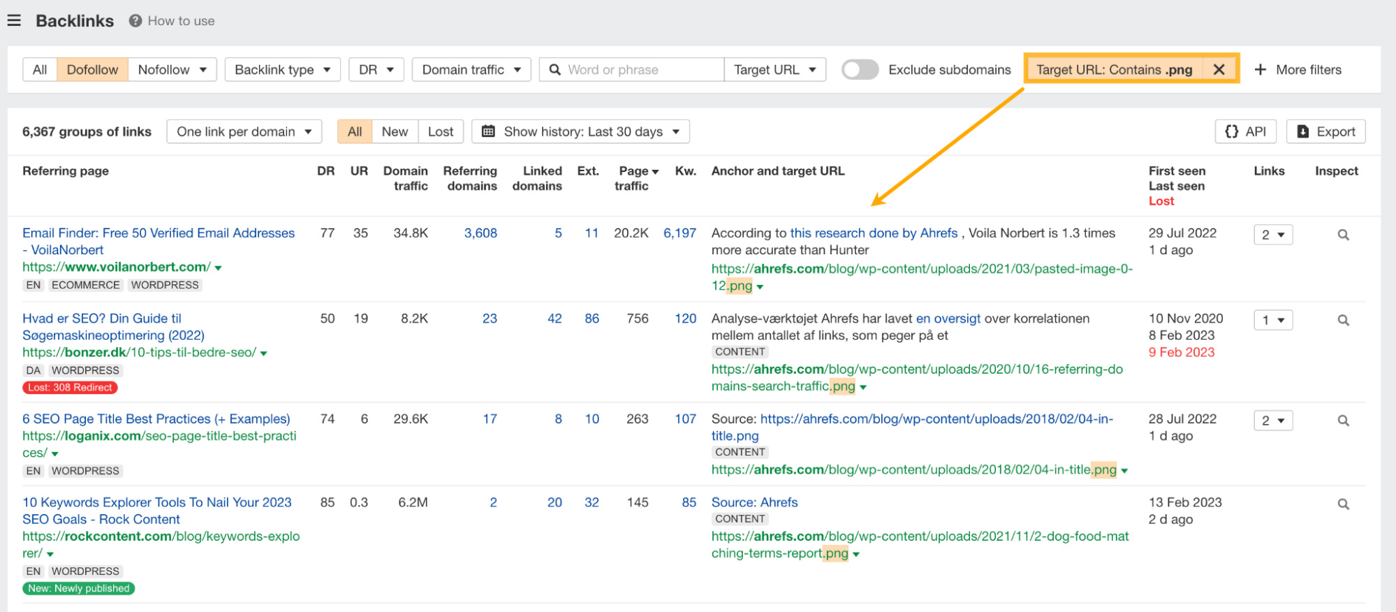 Backlinks report with a "Target image URL" filter applied, via Ahrefs' Site Explorer