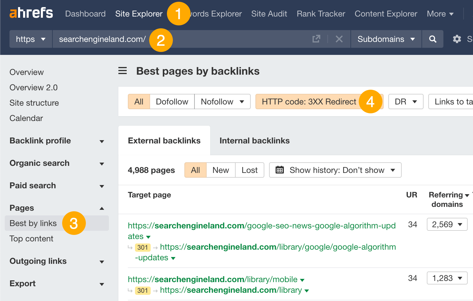 Filtering for 301 redirects with backlinks in Ahrefs' Site Explorer
