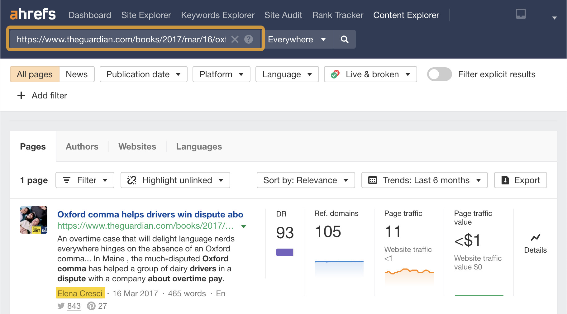 Spy on Your Competitors 🕵️ (How Do You Do It?) | URL detail, via Ahrefs' Content Explorer