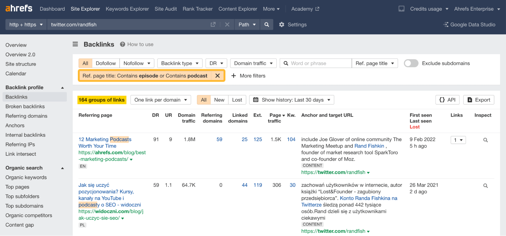 Backlinks report with a "Referring page title" filter applied, via Ahrefs' Site Explorer