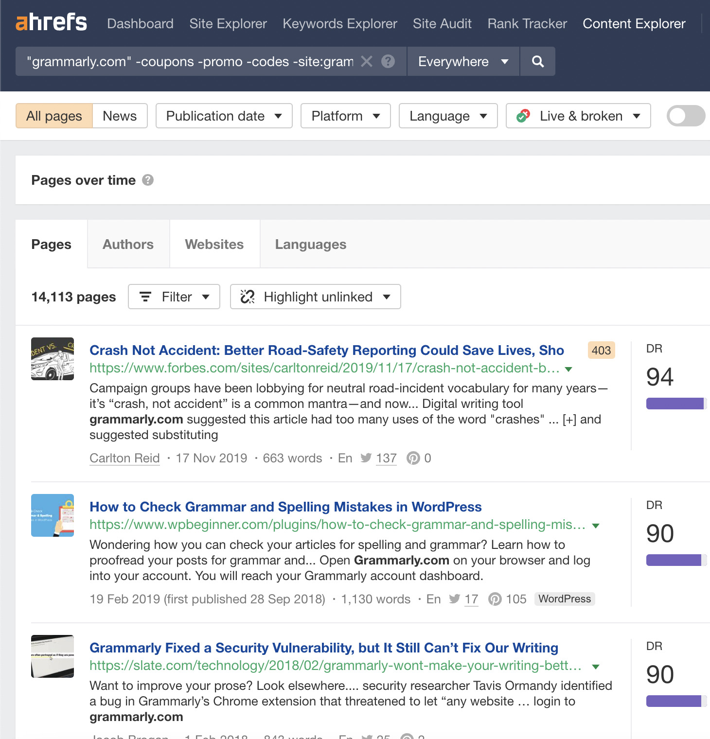 Spy on Your Competitors 🕵️ (How Do You Do It?) | Grammarly advanced search, via Ahrefs' Content Explorer