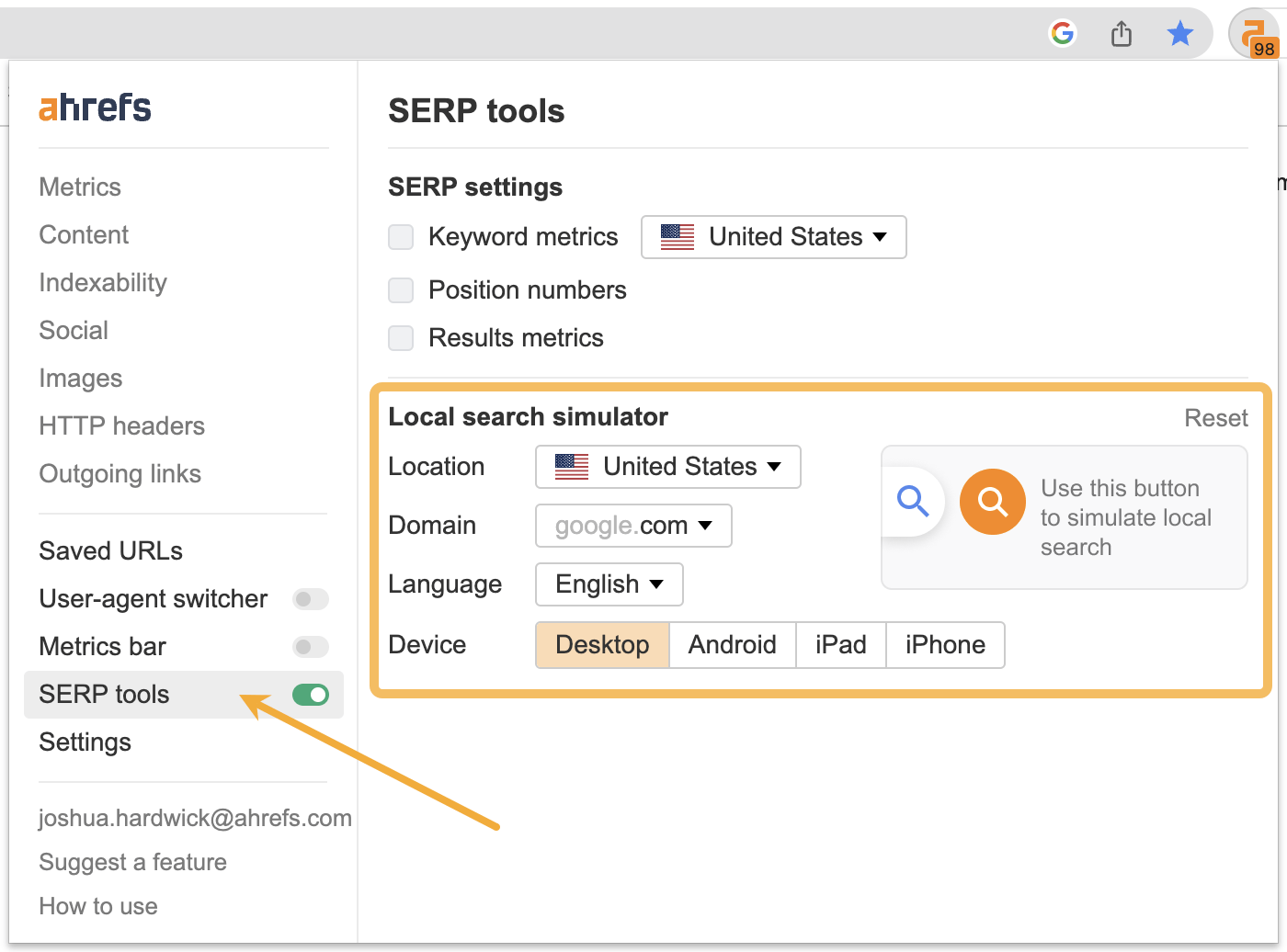 Using the local search simulator in Ahrefs' SEO Toolbar
