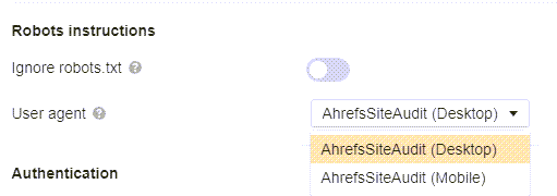 Mobile SEO: 10 Optimization Tips to Build a Mobile-Friendly Site | Selecting user agent, via Ahrefs' Site Audit crawl settings
