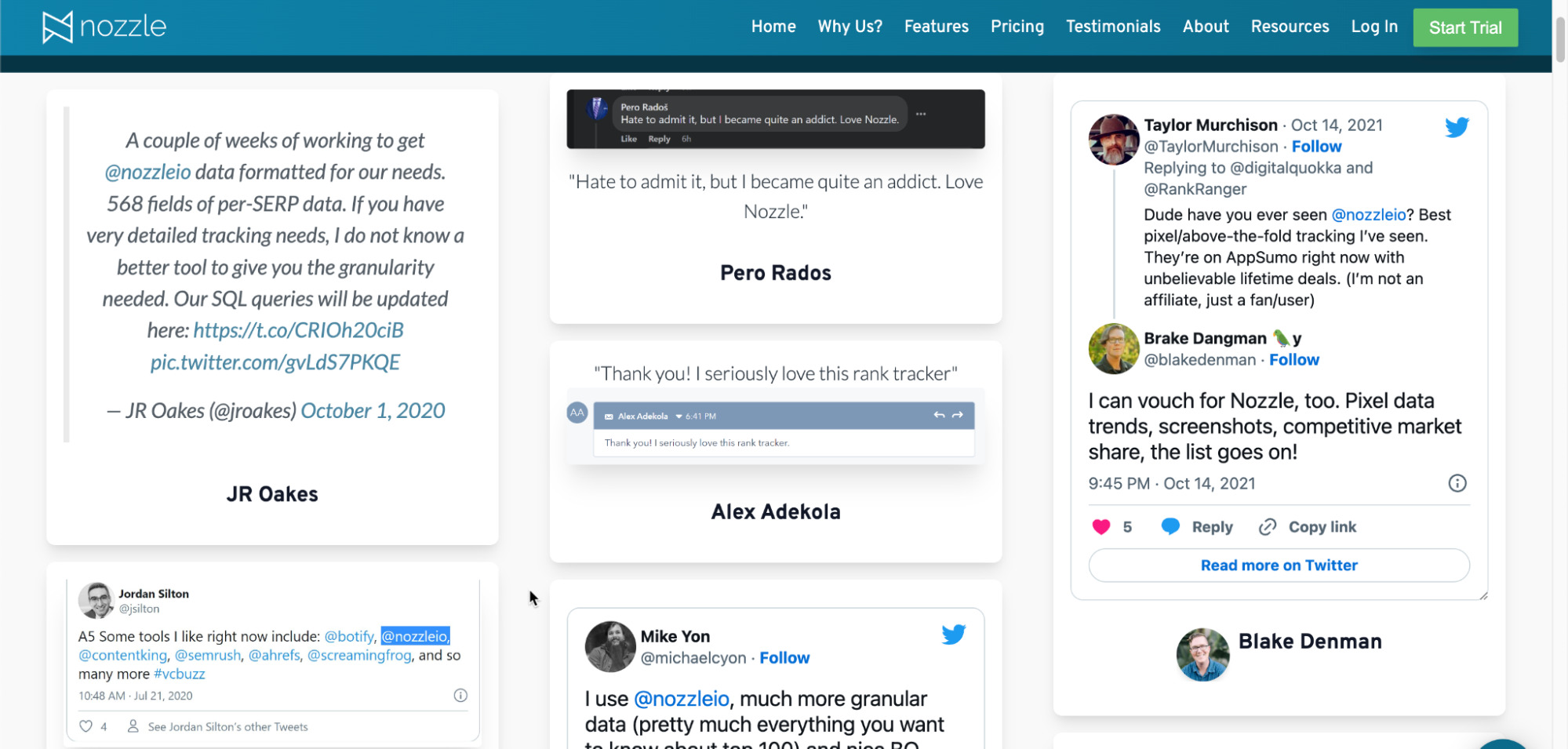 Nozzle testimonials, via Nozzle's testimonials page
