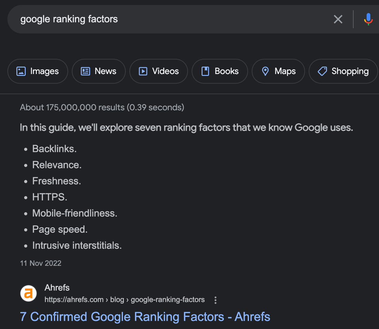 11 Easy-to-Follow Tips to Optimize Your Blog Posts for SEO | Google shows a list for a featured snippet for "google ranking factors"