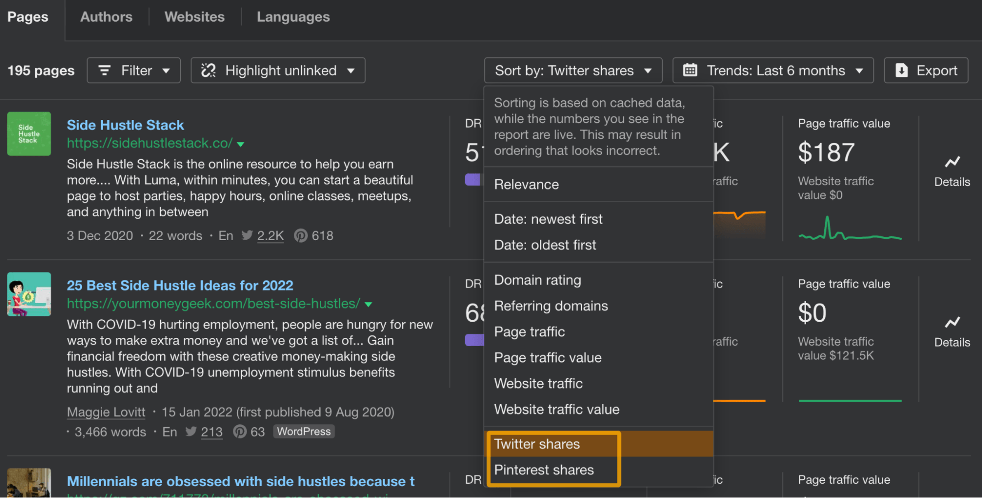 5 Types of Blogs That Make Money | Sorting results by social shares in Ahrefs' Content Explorer