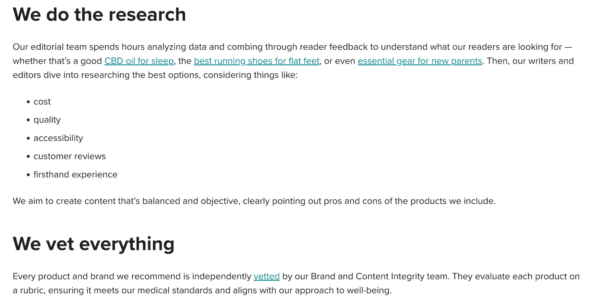 Excerpt from Healthline's product selection process page
