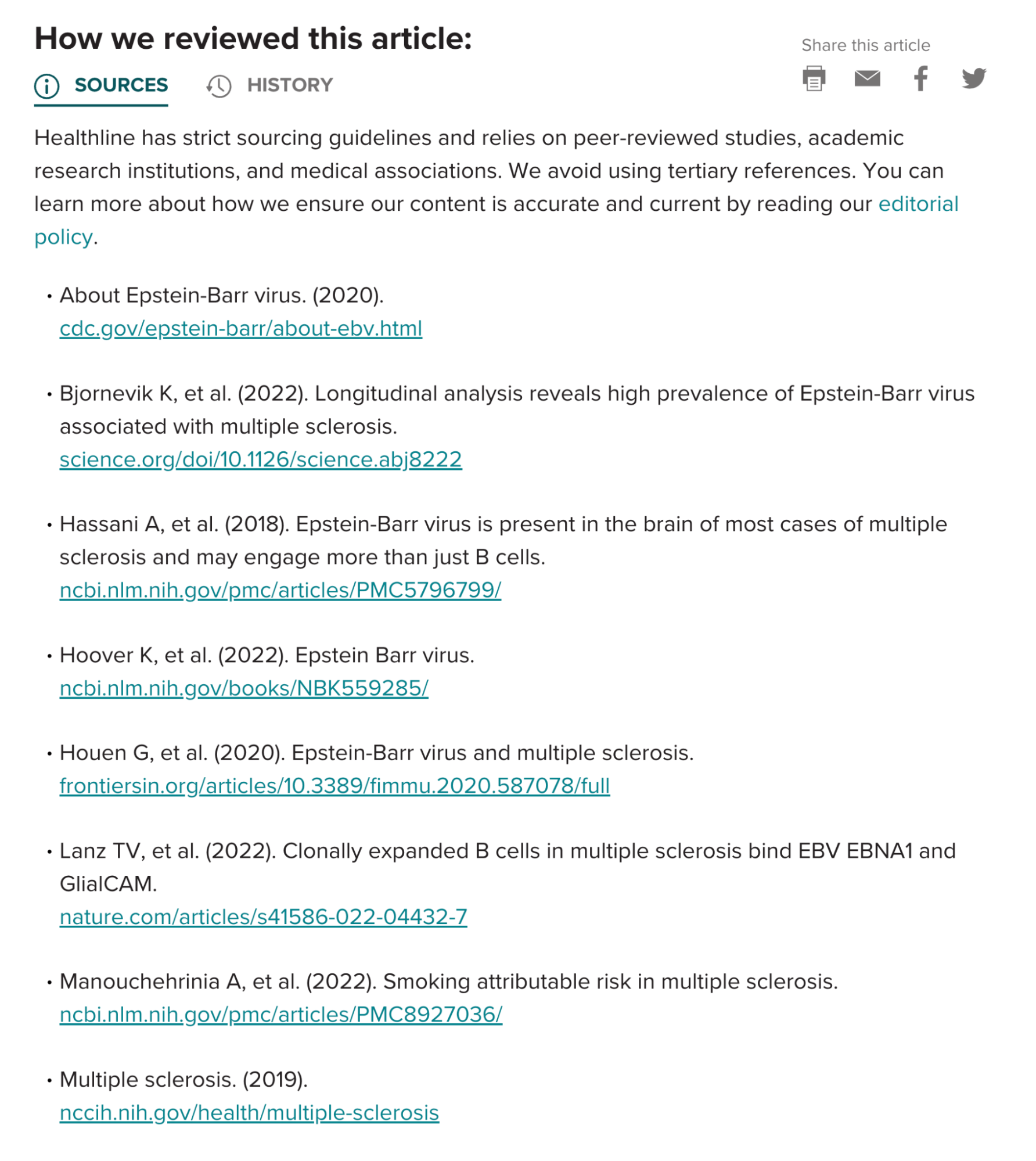 Healthline article's list of sources
