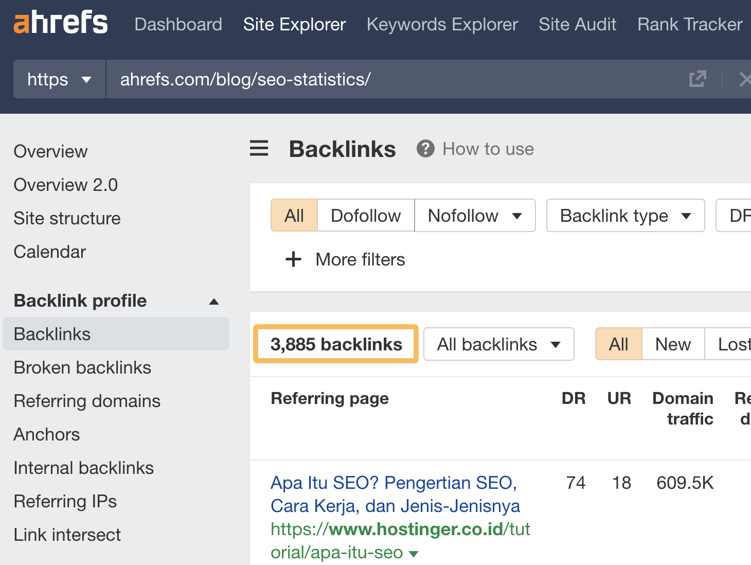 Ahrefs backlinks report for SEO statistics page