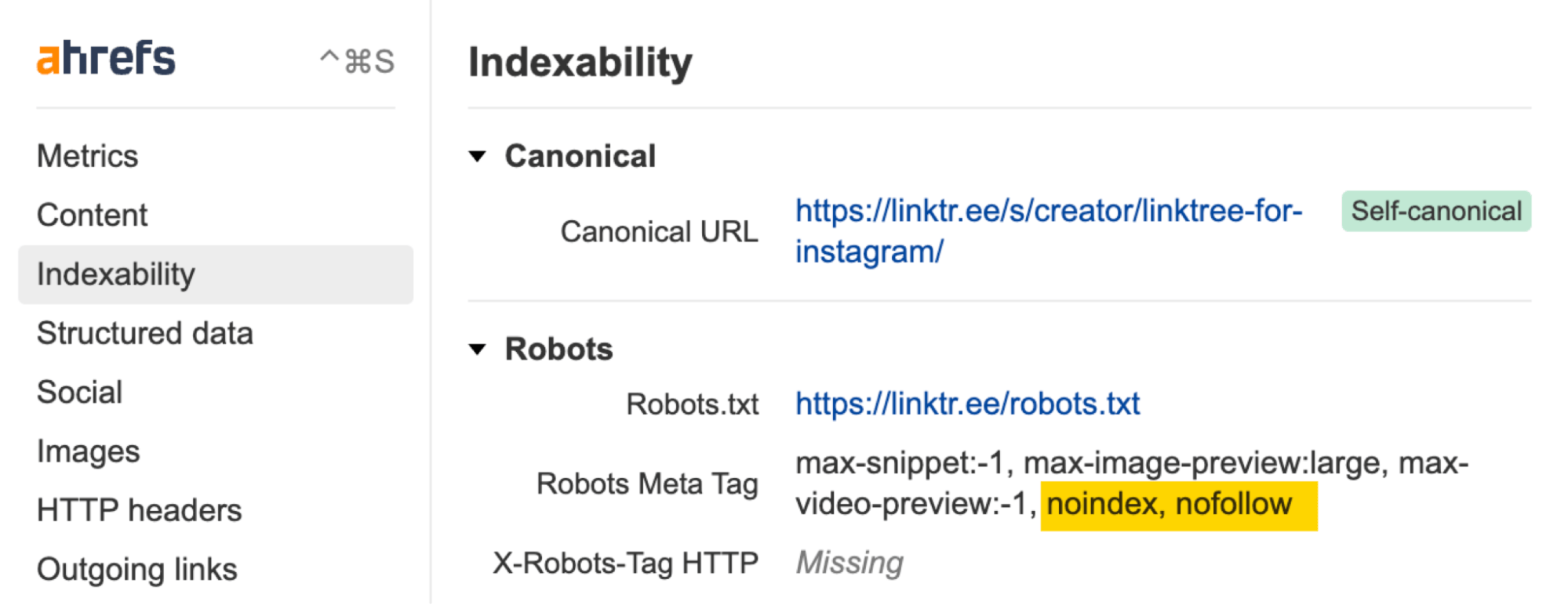 Example of "noindex, nofollow," via Ahrefs' SEO Toolbar
