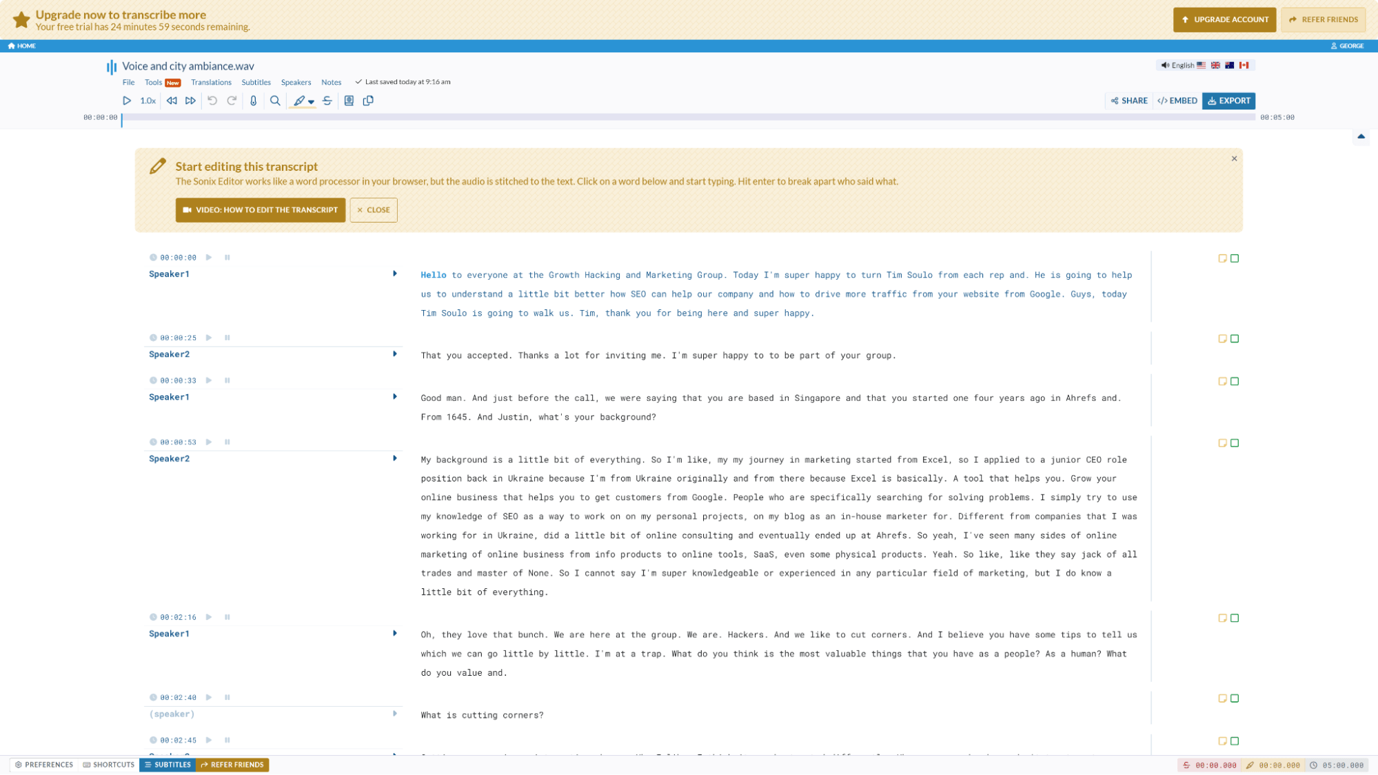 Sonix.ai transcription results
