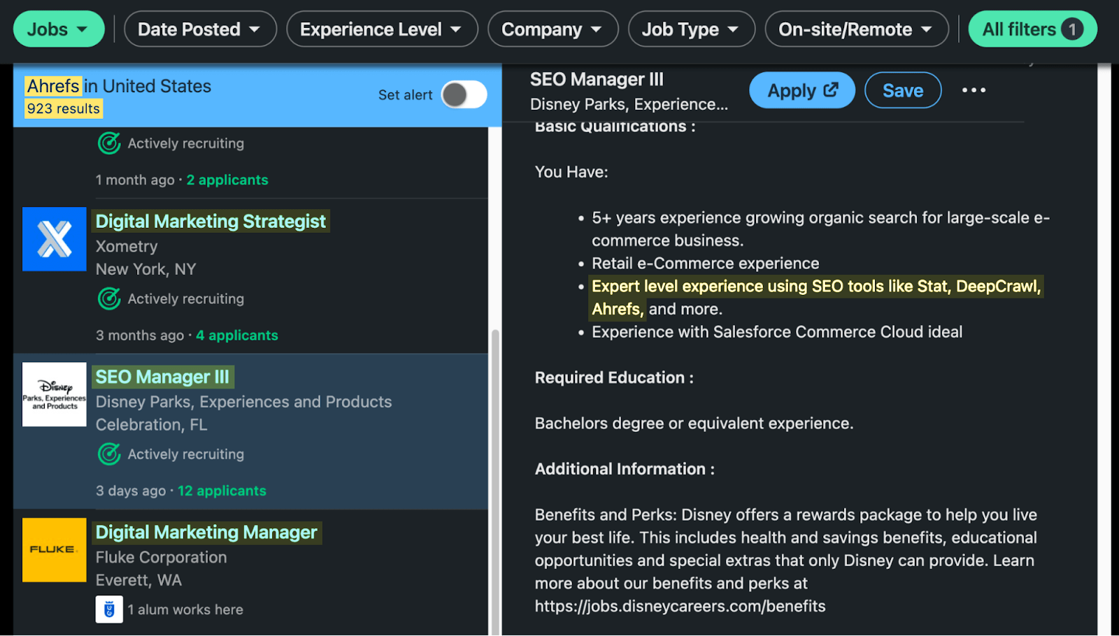 The demand for Ahrefs in job ads in the U.S.