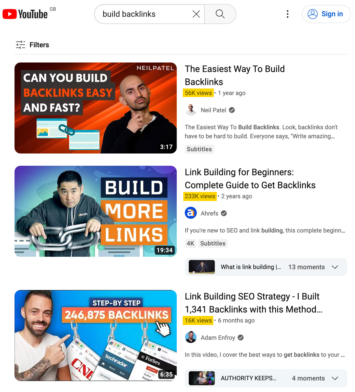 Top results for "build backlinks" on YouTube
