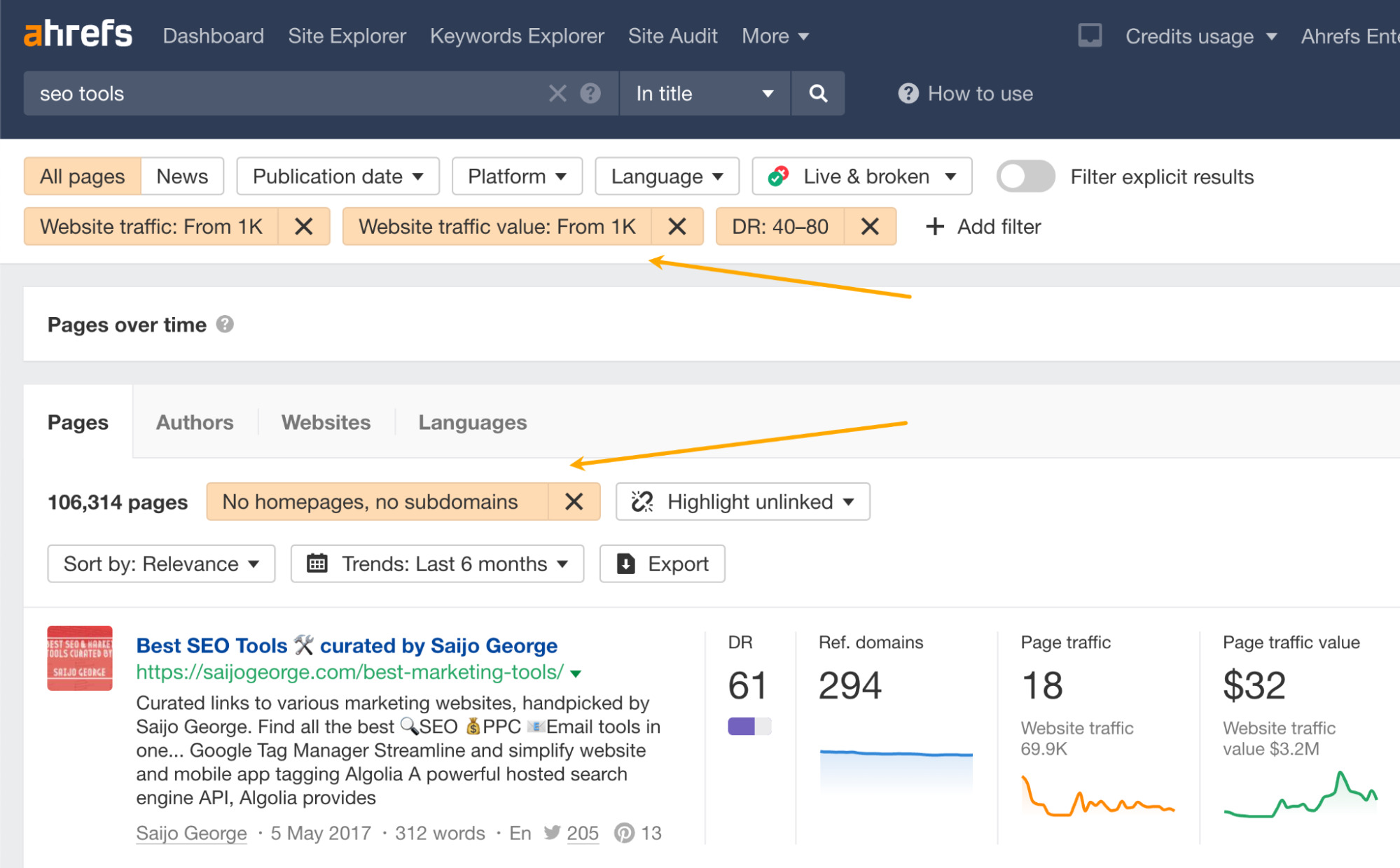 Applying filters in Ahrefs' Content Explorer