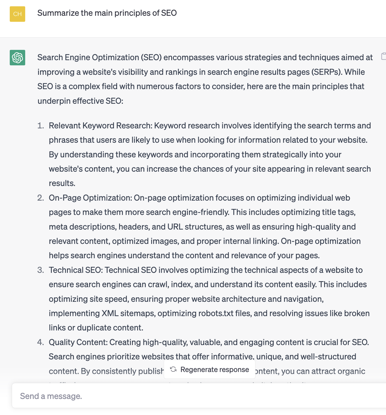 Asking ChatGPT to summarize the main principles of SEO
