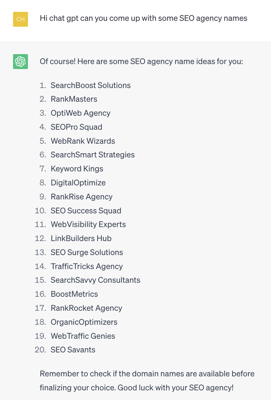 Asking ChatGPT to come up with SEO agency names