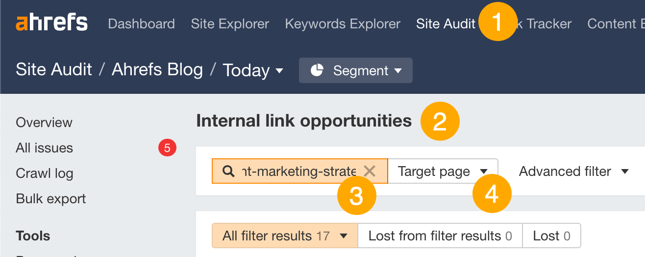 Finding internal link opportunities in Ahrefs' Site Audit
