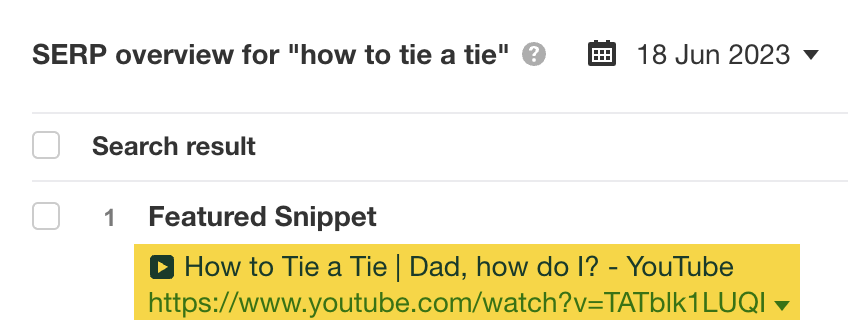 SERP overview for "how to tie a tie," via Ahrefs' Keywords Explorer