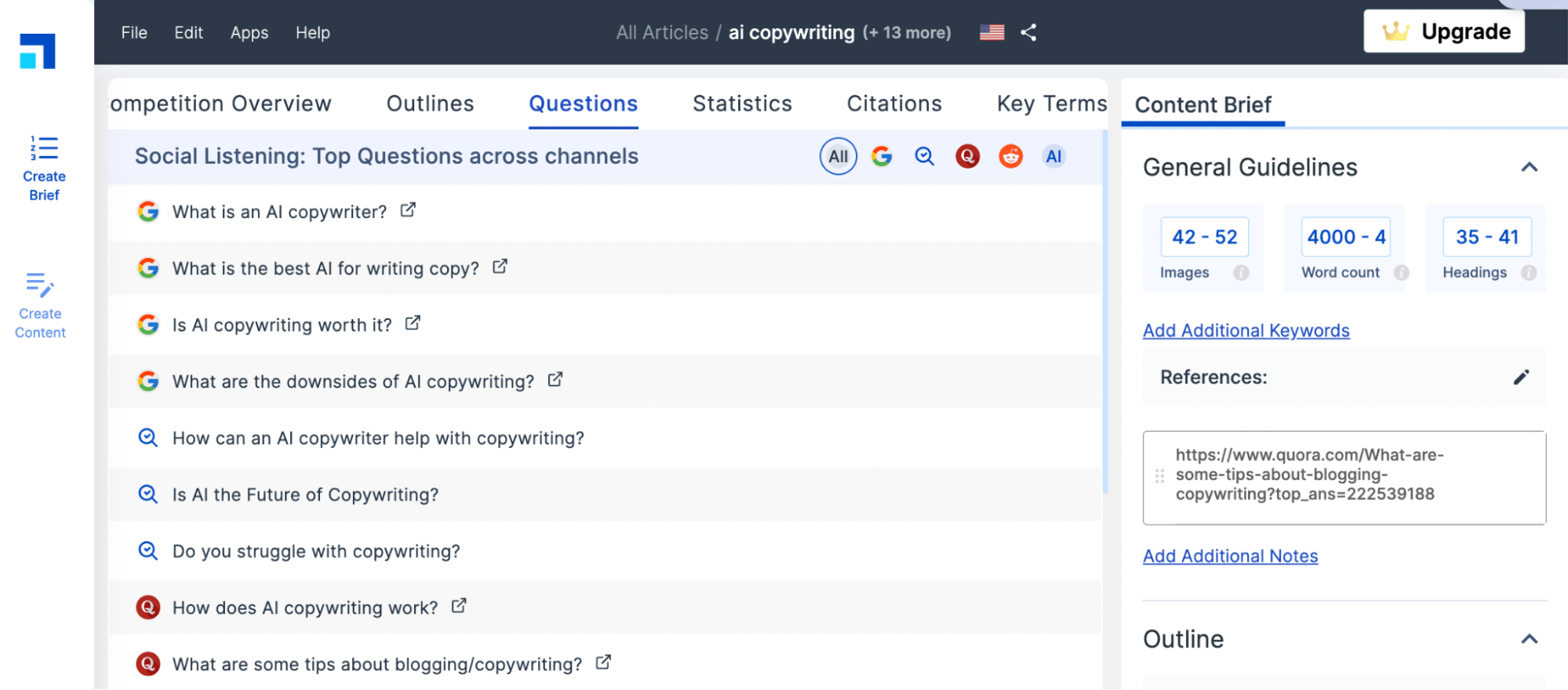 Scalenut "Questions" dashboard 
