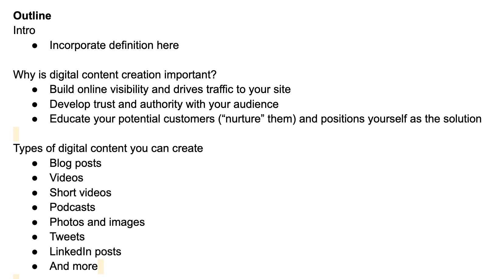 Outline of the post on digital content creation
