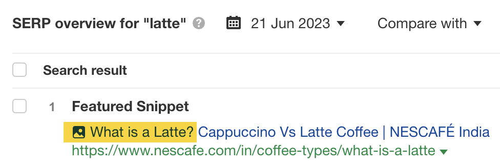 SERP overview for "latte," via Ahrefs' Keywords Explorer
