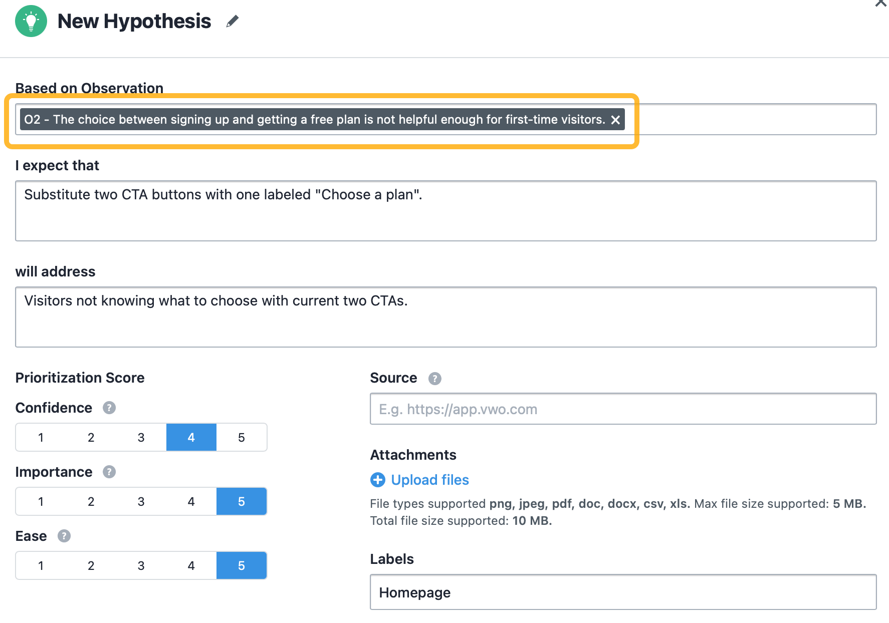 "Hypothesis" feature in Visual Web Optimizer