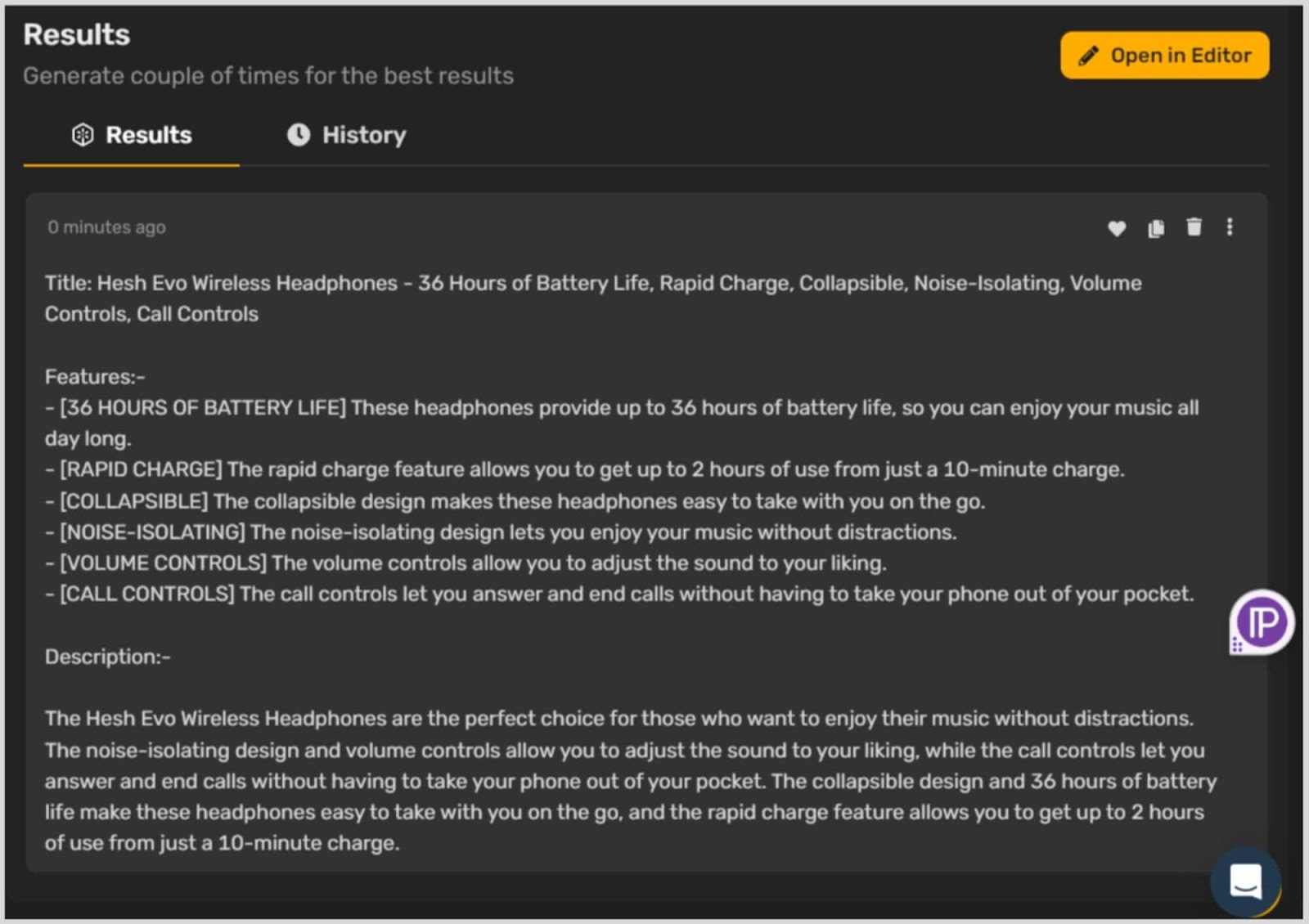Semrush CG 44 Amazon product description output from Simplified