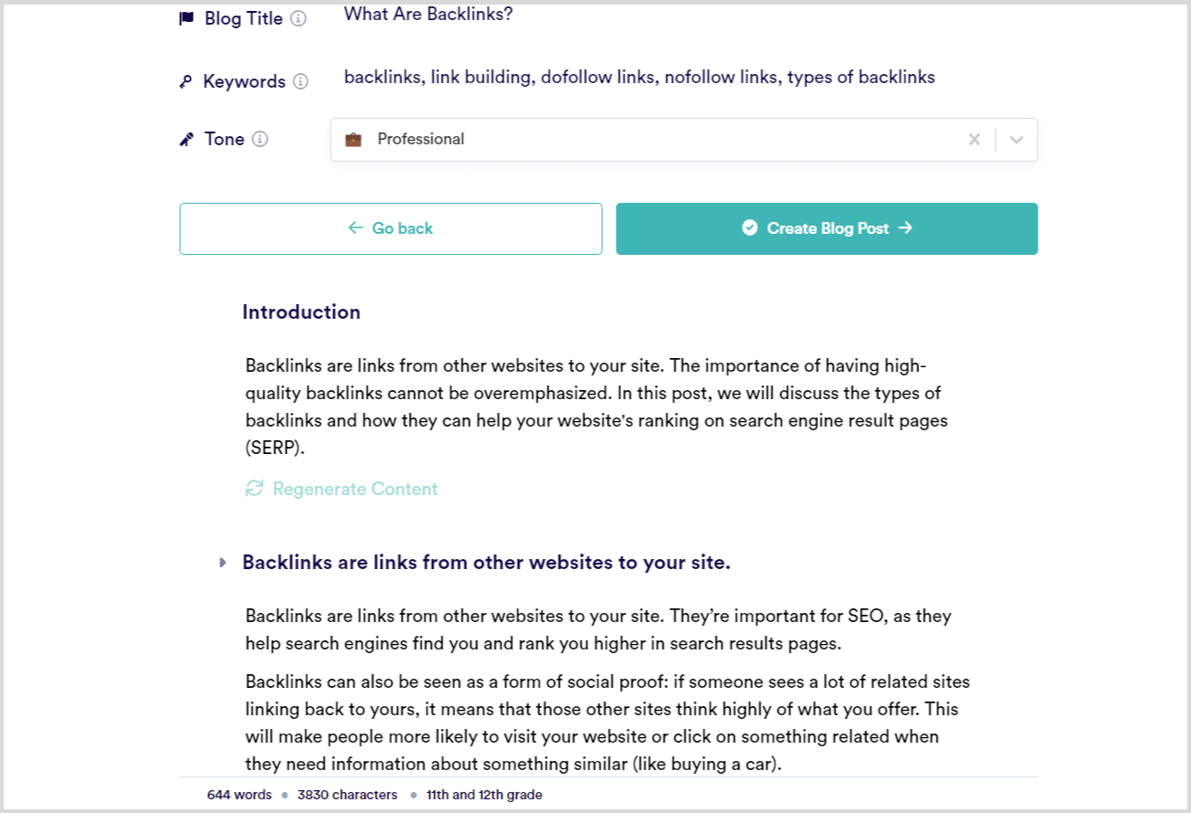 Semrush CG 6 Copy.ai writing an article on 'What are backlinks'