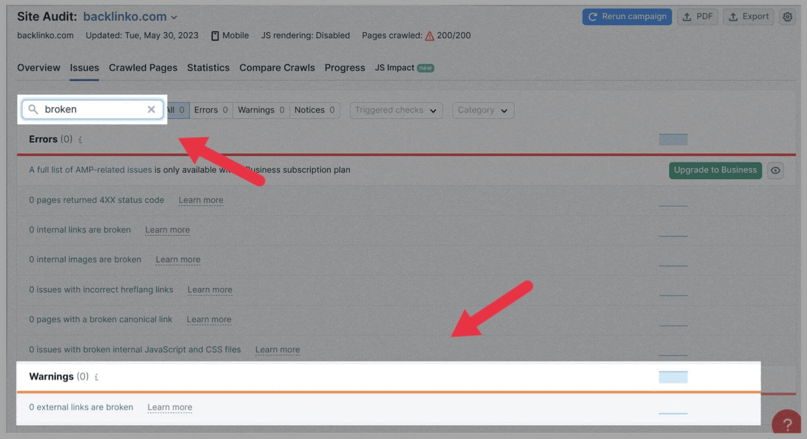 Warnings tab Review external links on Warnings tab
