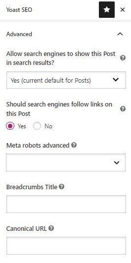 Menu showing advanced settings 