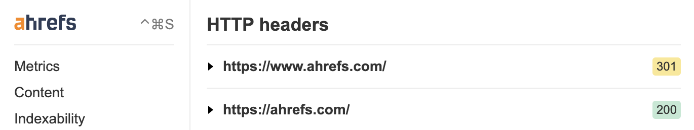 HTTP headers in Ahrefs' SEO Toolbar
