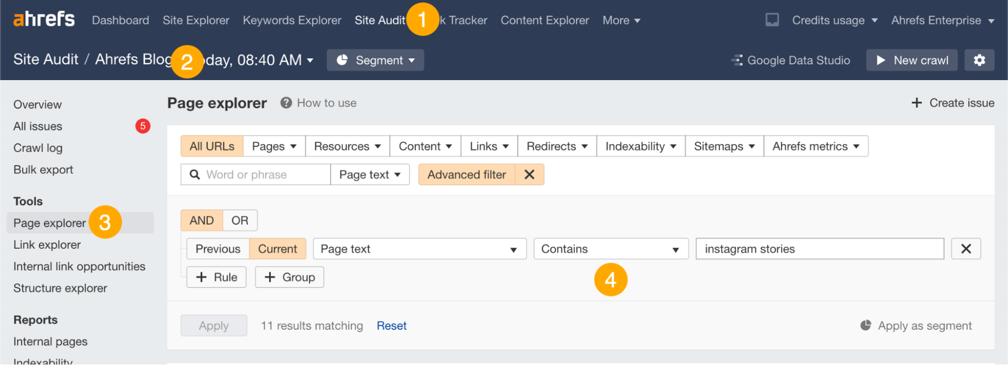 Find a relevant place for your link with Page Explorer, via Ahrefs' Site Audit
