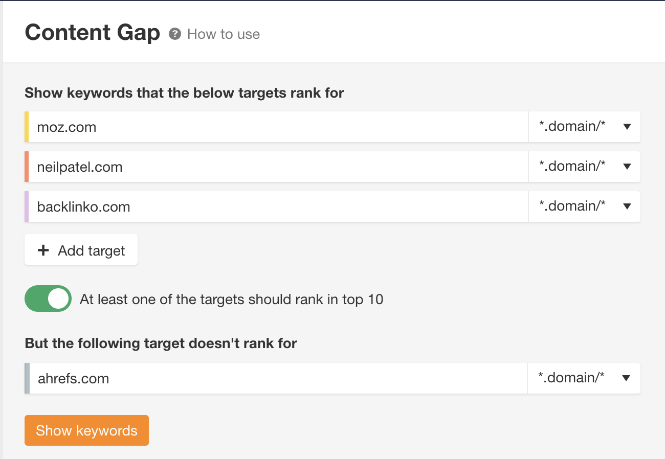 Content Gap report in Ahrefs' Site Explorer
