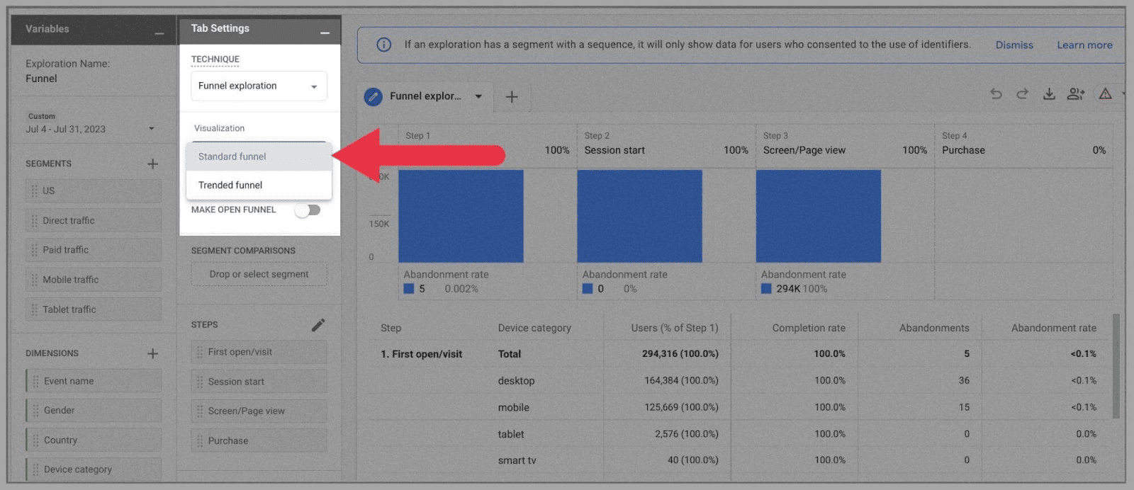 GA4 78 Visualization options on funnel exploration template