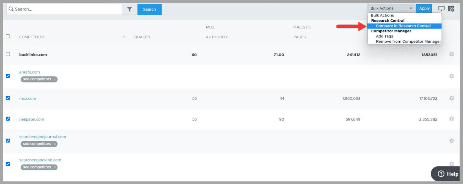 Raven tools 56 Use Research Central to compare