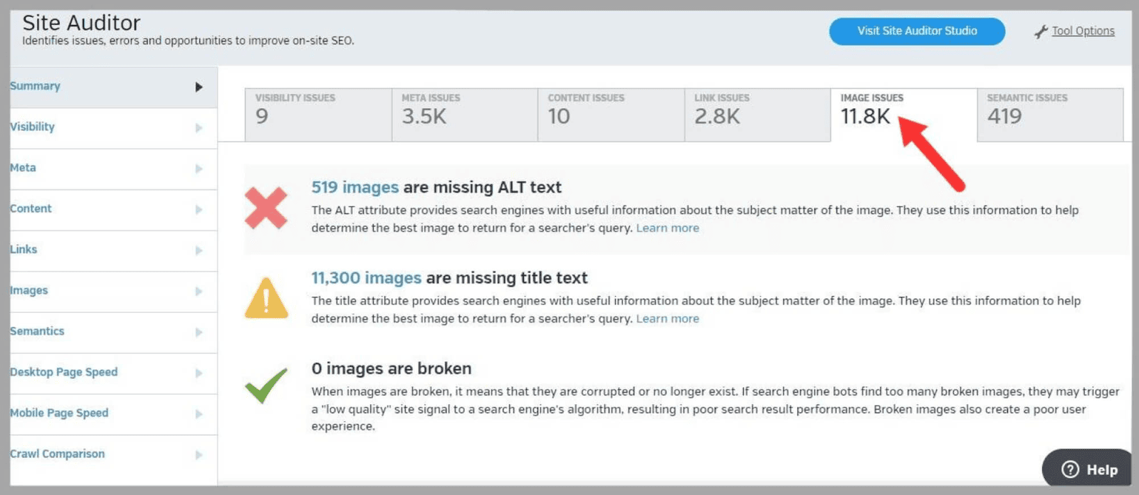 Raven tools 9 Images tab tells you all issues on your site