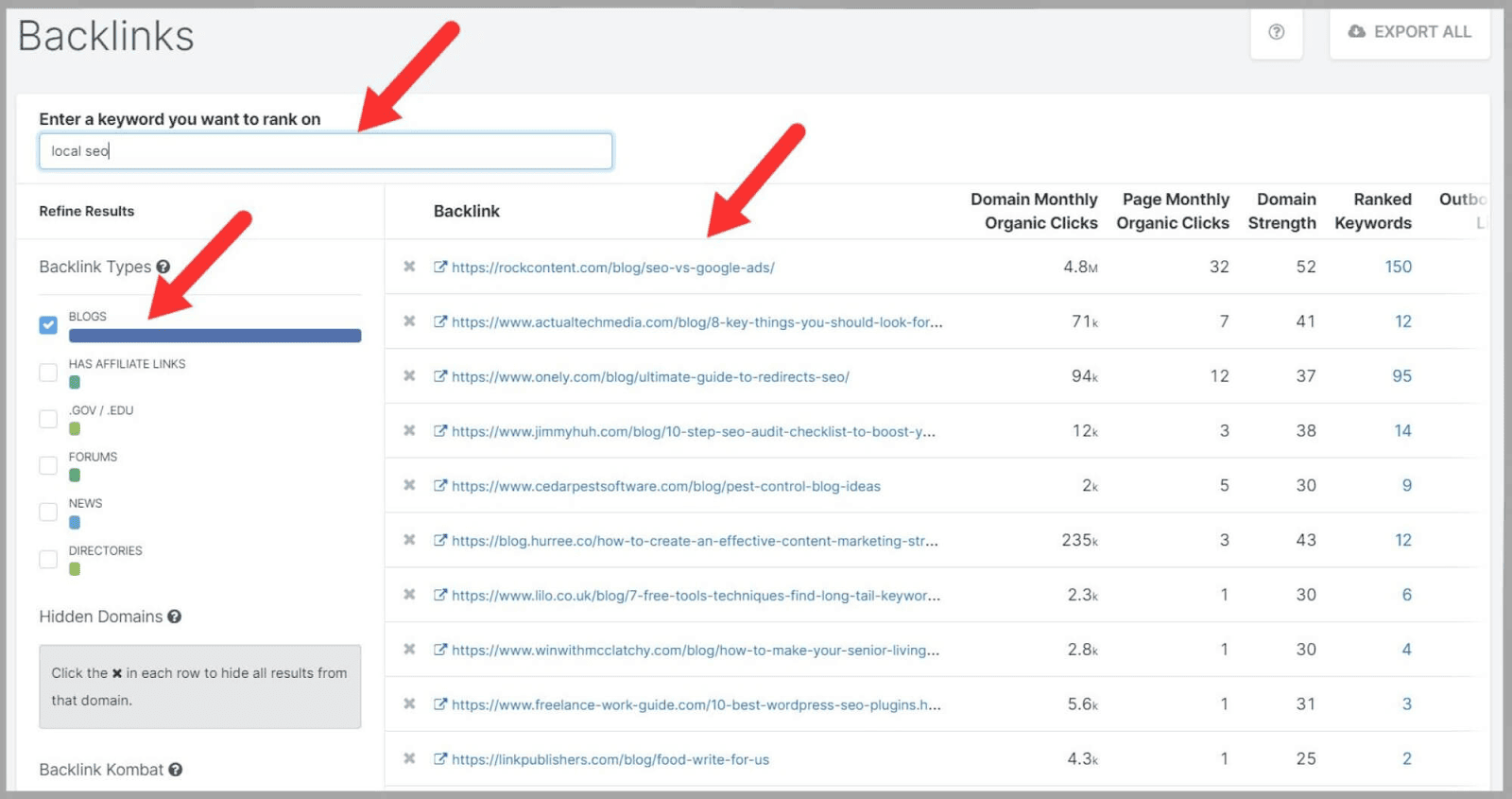 SpyFu 37 Domains linking to your site for specific keyword