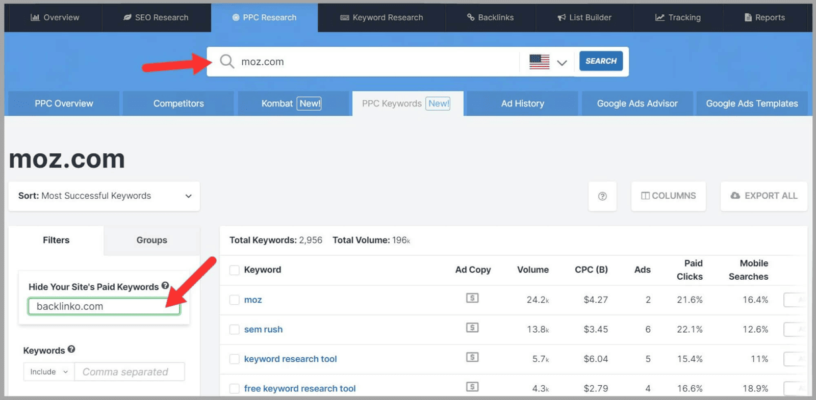 SpyFu 51 Filter your domain to avoid double bidding
