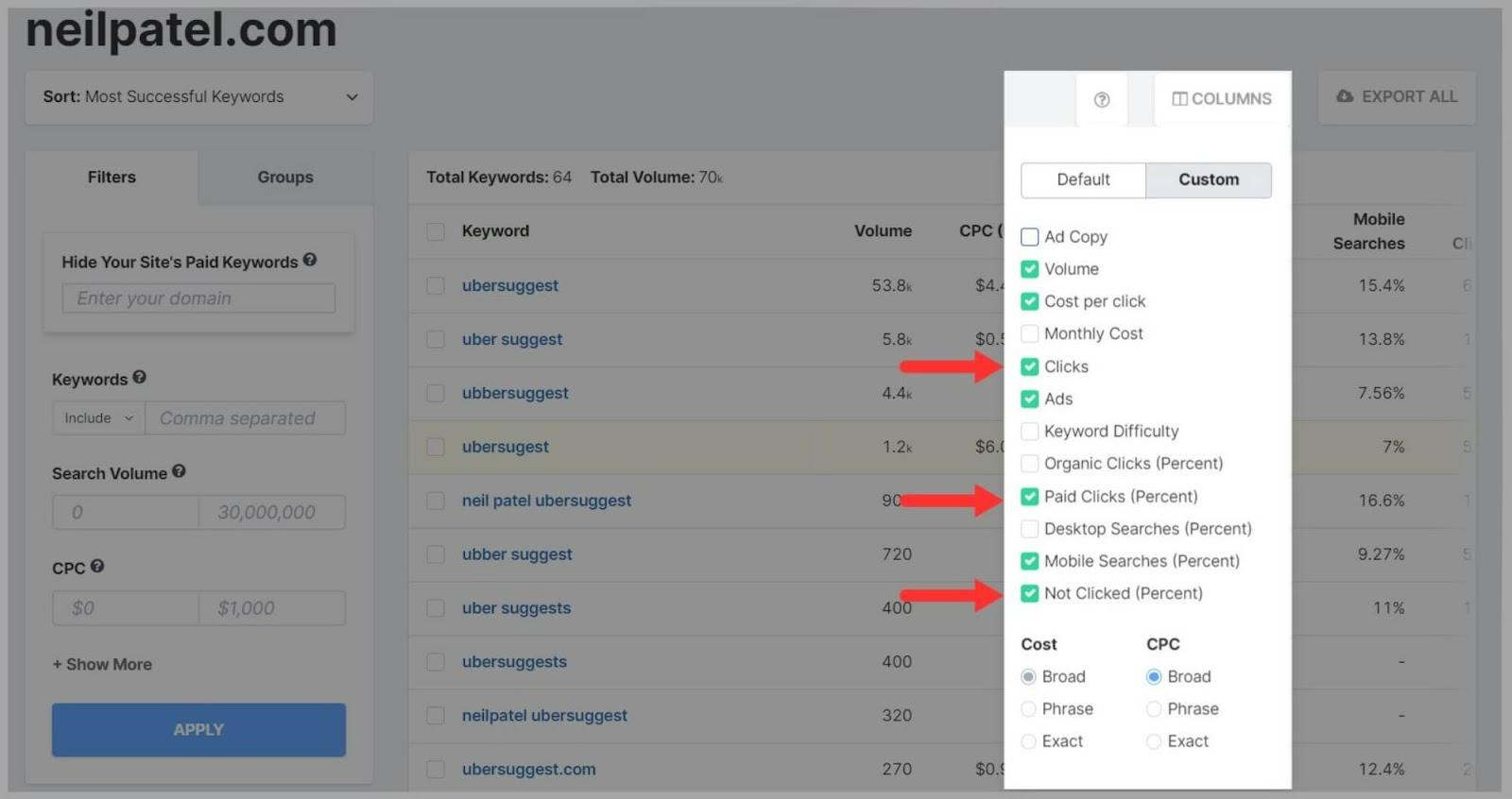 SpyFu 57 Access features on the columns tab