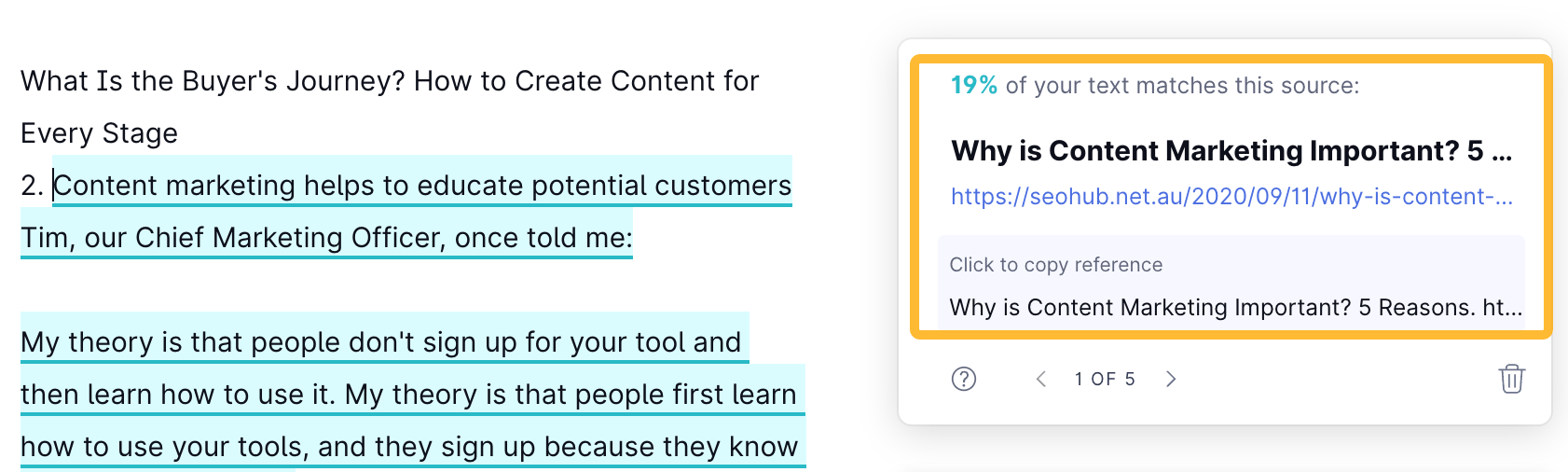 Grammarly's plagiarism checker flagged that 19% of SQ's text matched another
