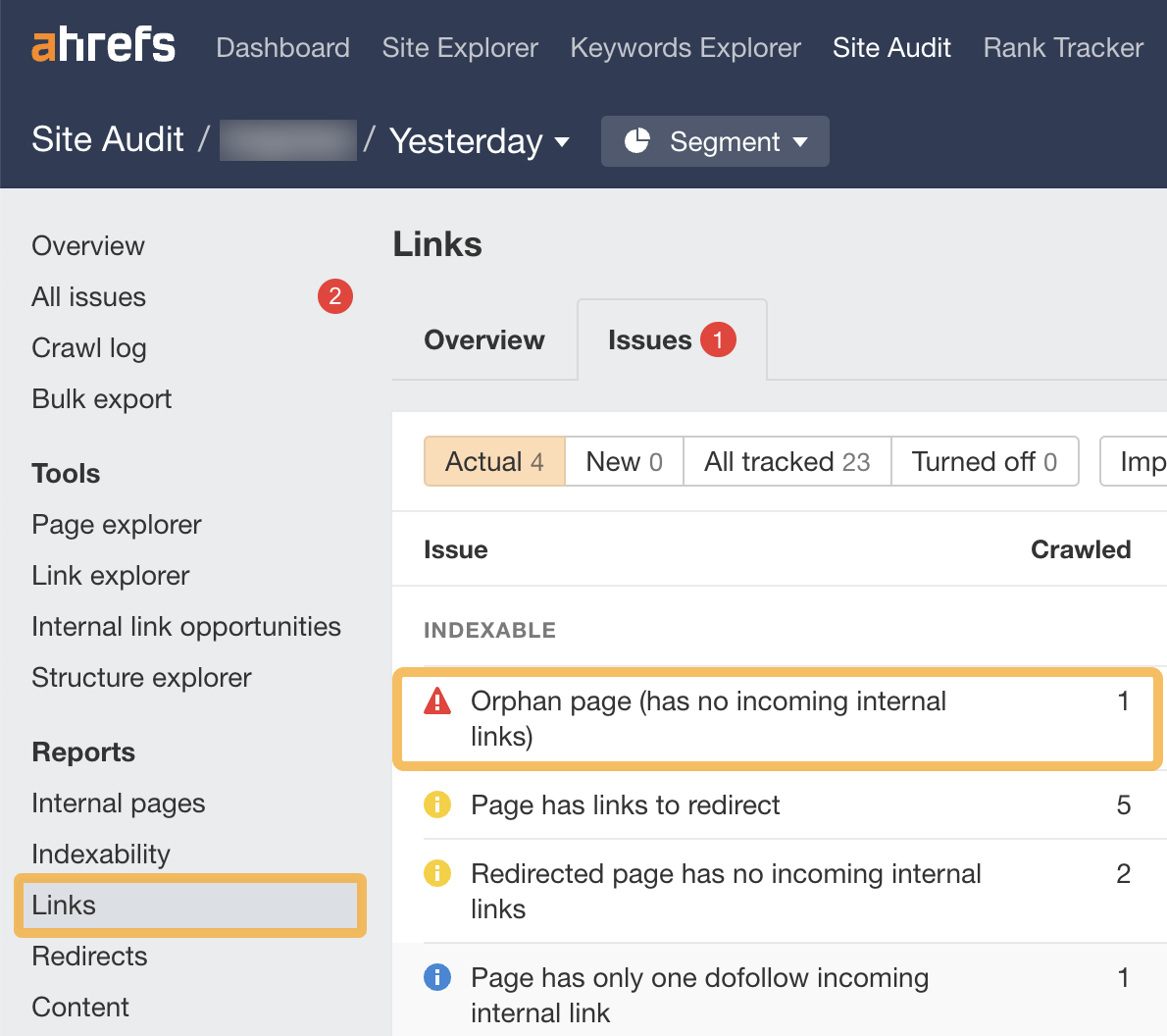 Internal Links for SEO: An Actionable Guide | Locating orphan pages that have no incoming internal links, via Ahrefs' Site Audit