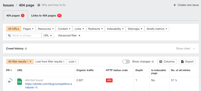 Internal Links for SEO: An Actionable Guide | 404 page example, via Ahrefs' Site Audit