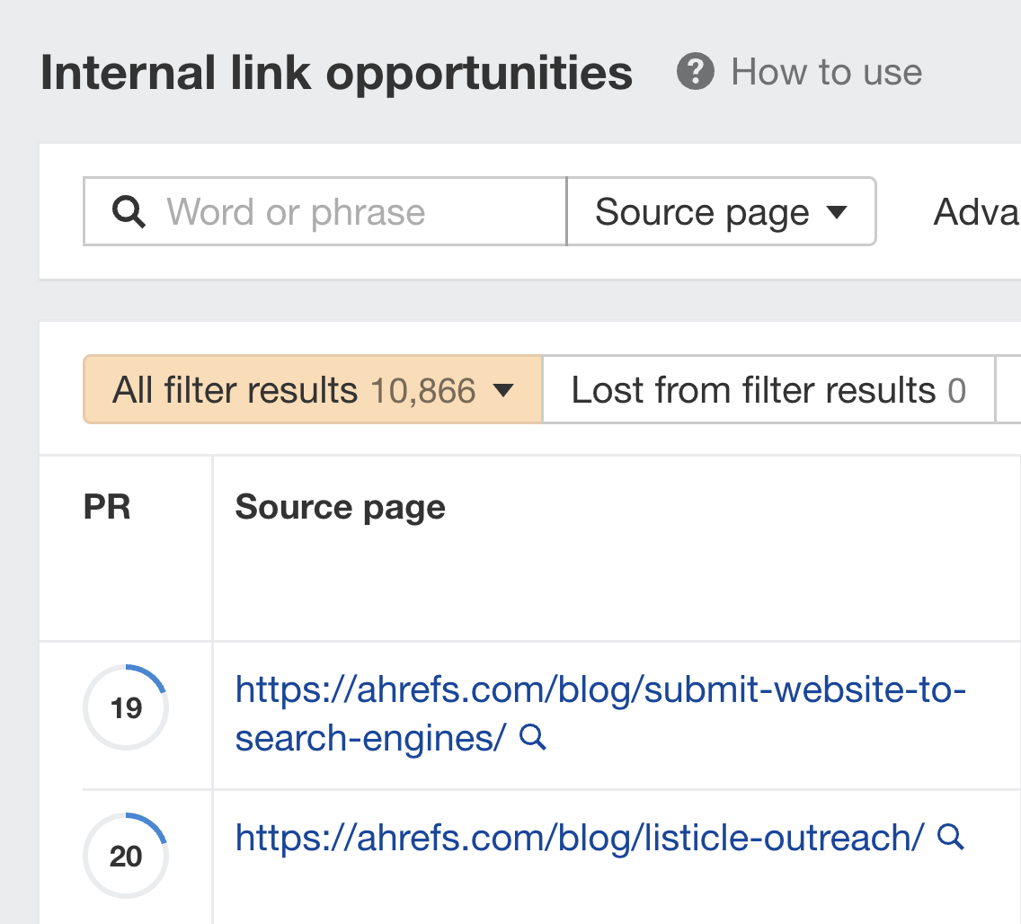 Internal Links for SEO: An Actionable Guide | Internal link opportunities, via Ahrefs' Site Audit