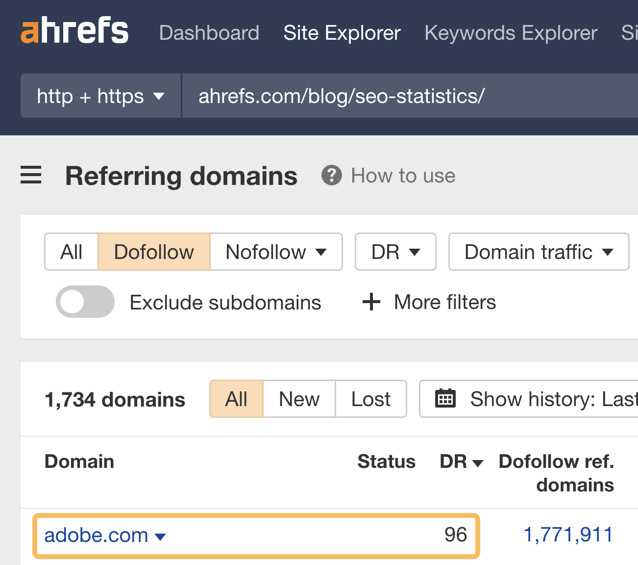 DR 96 Adobe backlink, via Ahrefs' Site Explorer
